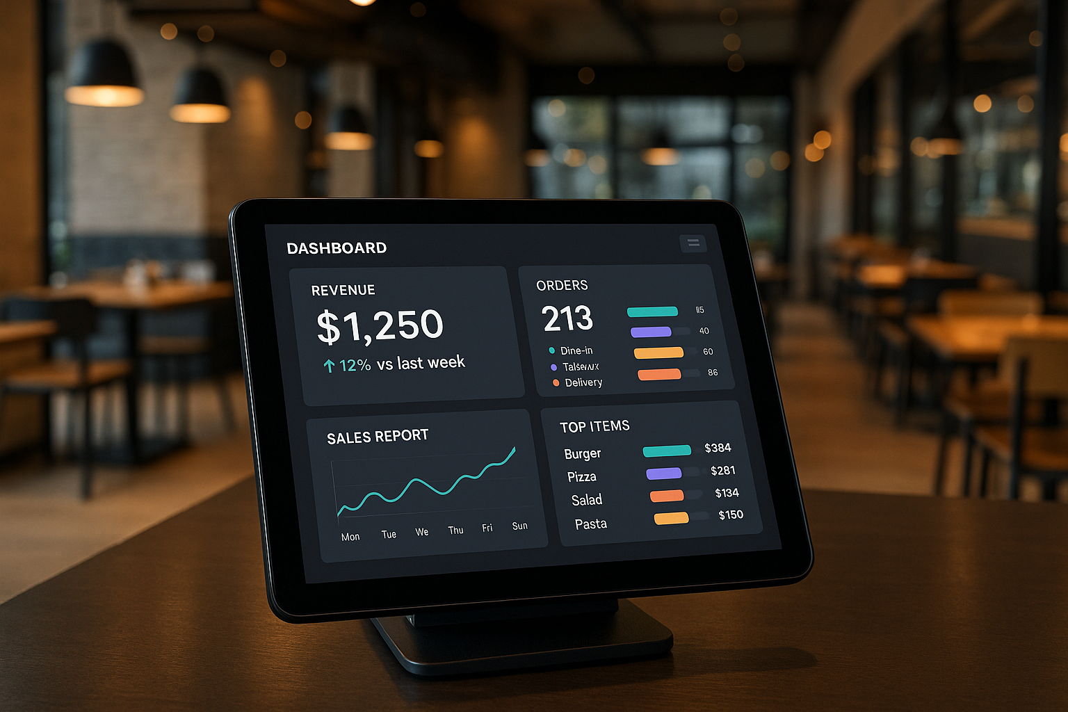 Tablette de caisse affichant un dashboard dans un restaurant moderne