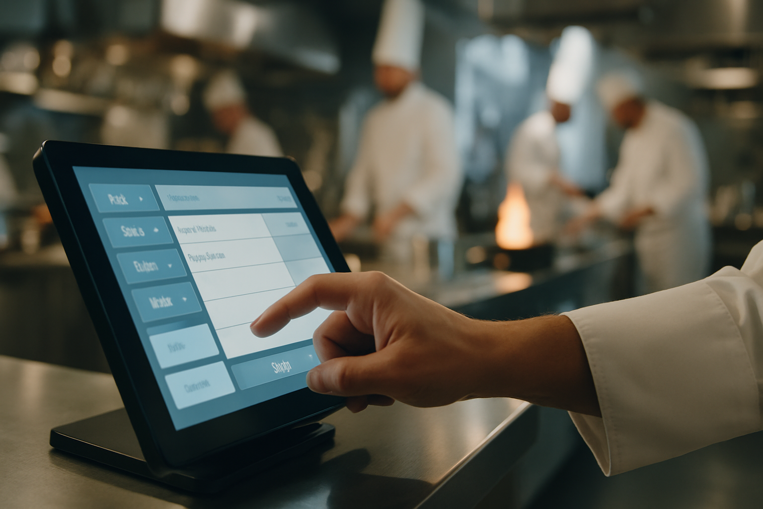 Interface de caisse moderne sur une tablette avec un chef travaillant en arrière-plan